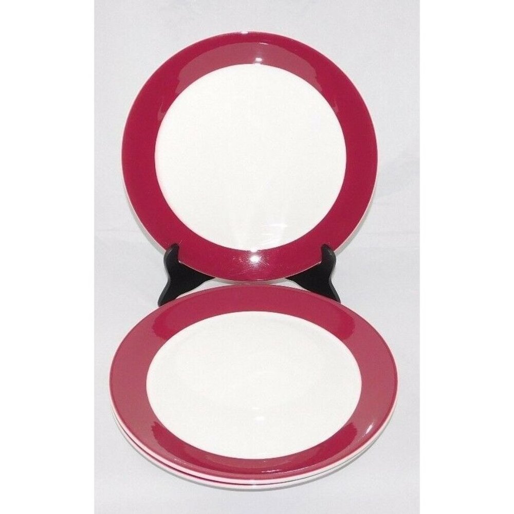 Set Of 3 Syracuse China Syralite 10 3/4" Dark Red Rim Ceramic Dinner Plates